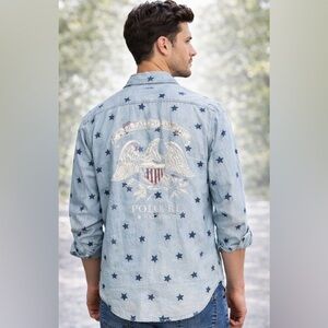 Polo Ralph‎ Lauren Star Print Chambray Shirt Eagle Crest Americana Western M